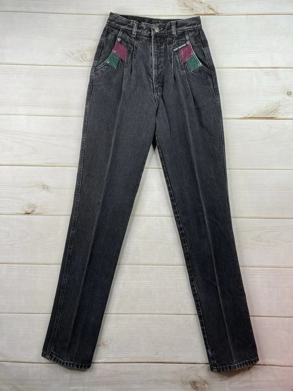 Vtg Rockies Jeans 27/5 Black/Charcoal Western Leather Detail USA Made 90s